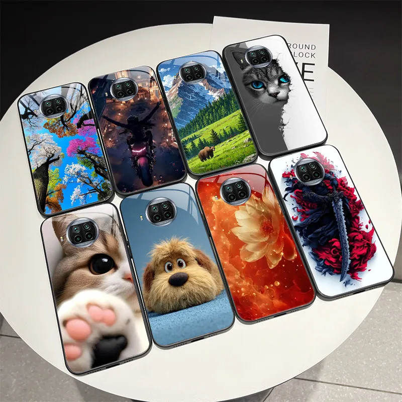 Schöne Blume Niedliche Cartoon-Katzen Hülle Für Xiaomi Mi 10T Lite 10i 5G Gehärtetes Glas Handyhülle Schutzhülle Rückseite Hartschale