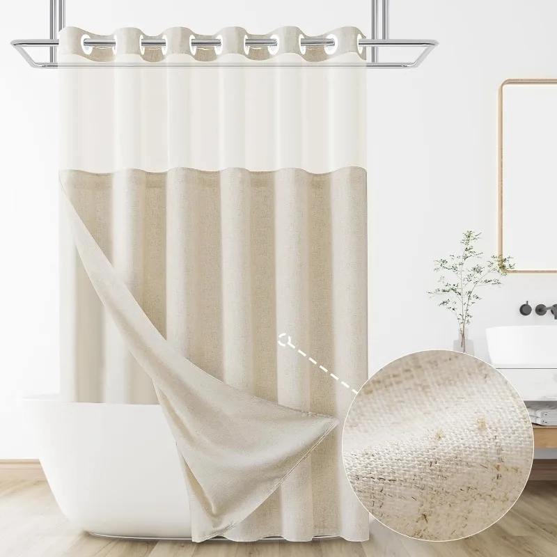 

No Hooks Linen Textured Shower Curtain with Snap-in Fabric Liner Set,Beige Hotel Luxury Decor Shower Curtains