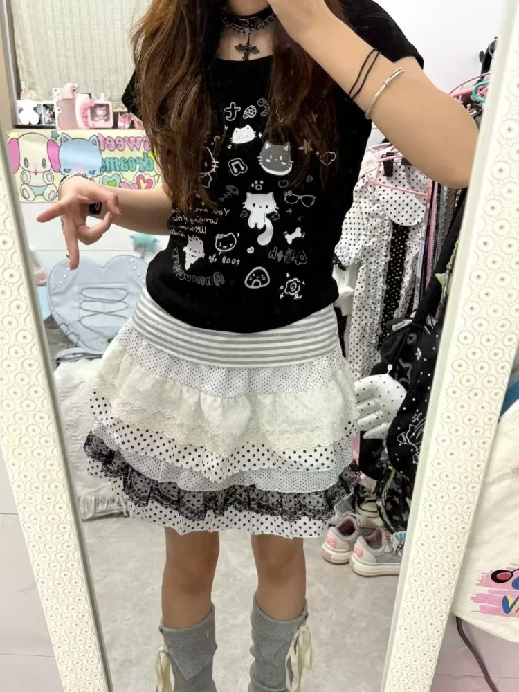 

Лоскутная милая кружевная свободная юбка в стиле Лолиты, женская летняя японская эластичная талия, лоскутная юбка в горошек с принтом, винтажная юбка