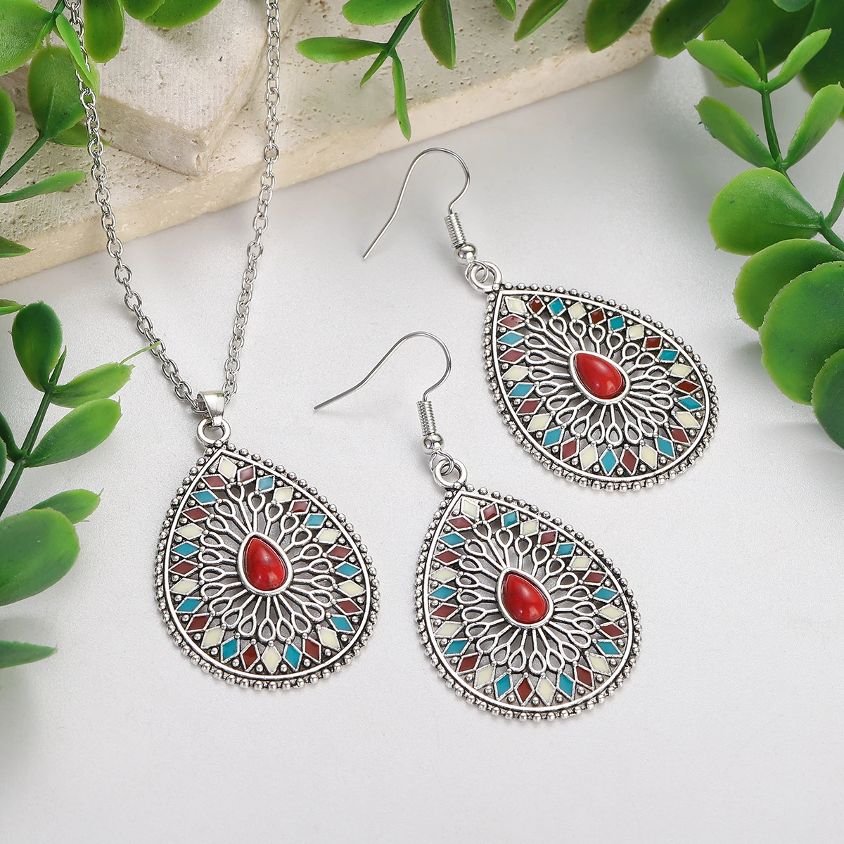 Boho Hollow Geometric Water Drop Jewelry Set for Women Colorful Beads Flower Earring/Necklace Sets Vintage Wedding Party Jewelry
