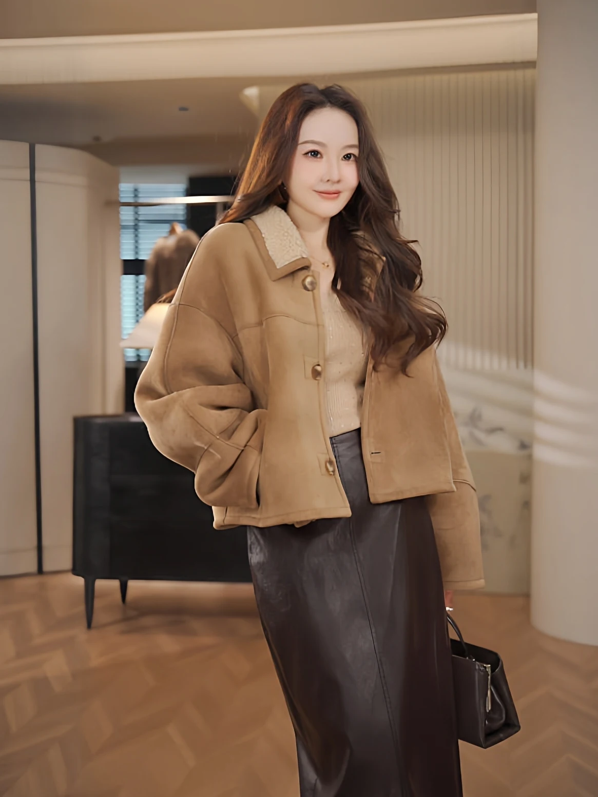 

Женская куртка Pinziko из натуральной шерсти и меха, двусторонняя, с кожаными вставками, класса люкс