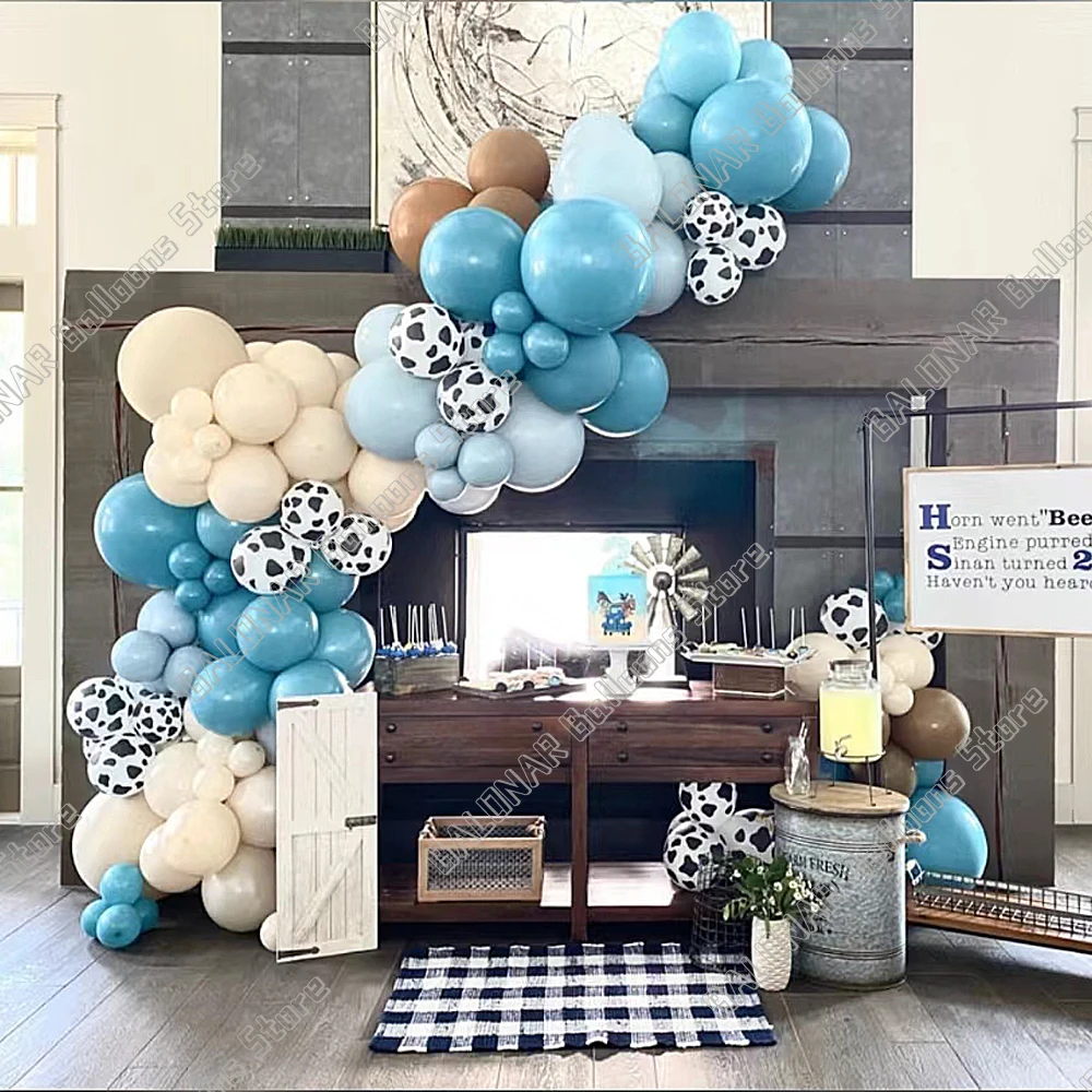 114pcs Cow Farm Theme Balloons Garland Blue Balloon Arch Kit Cow Printed Balloons Boy's Birthday Baby Shower Party Backdrop