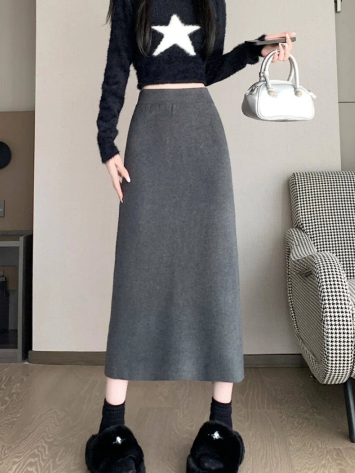 

Женская вязаная юбка с высокой талией, осенне-зимняя, средней длины, А-силуэт, с дизайнерским вырезом, в корейском стиле, приталенная, длинная юбка