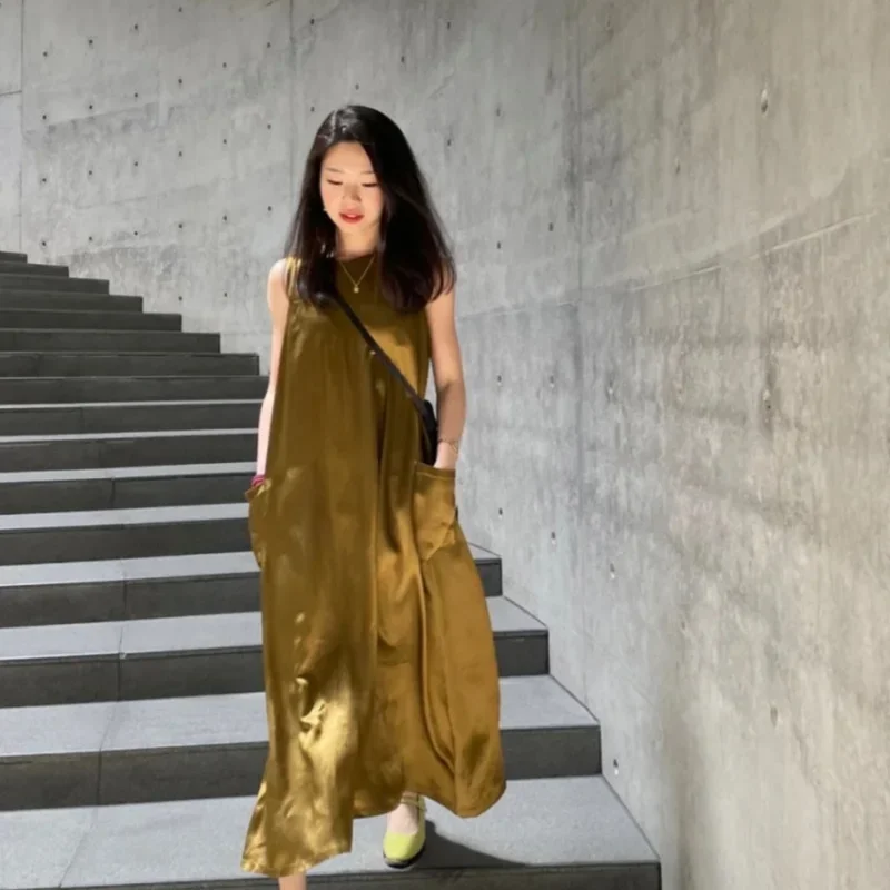 Robe mi-longue en Satin pour femmes, grande balançoire, mode coréenne, col rond, sans manches, ample, décontractée, avec poches, Y2k, nouvelle collection printemps 2025