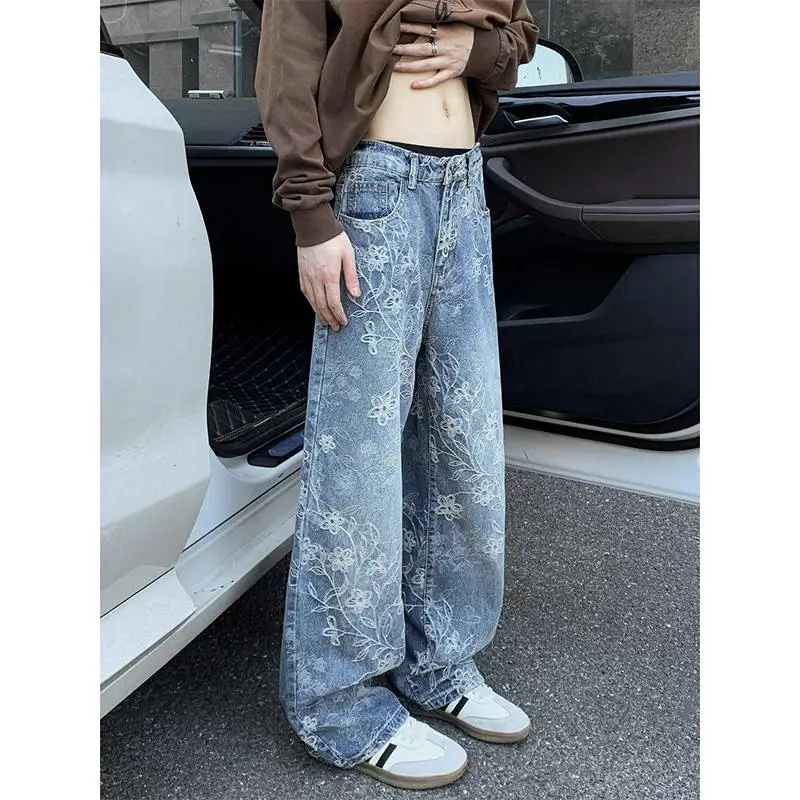 Light Blue Printed Denim Jeans Men's Fall Small Design Sense Flared Pants American Vibe Knife  Pants Standard Fit Jeans