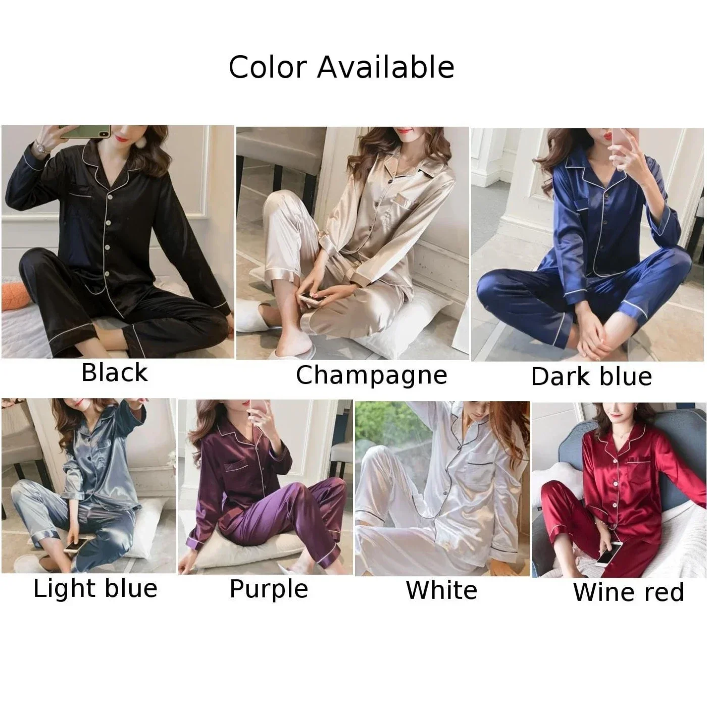 Women Satin Long Sleeve Pajama Set Lapel Top And Pants Solid Pajamas Loungewear 2024 New Arrival Drop-shipping