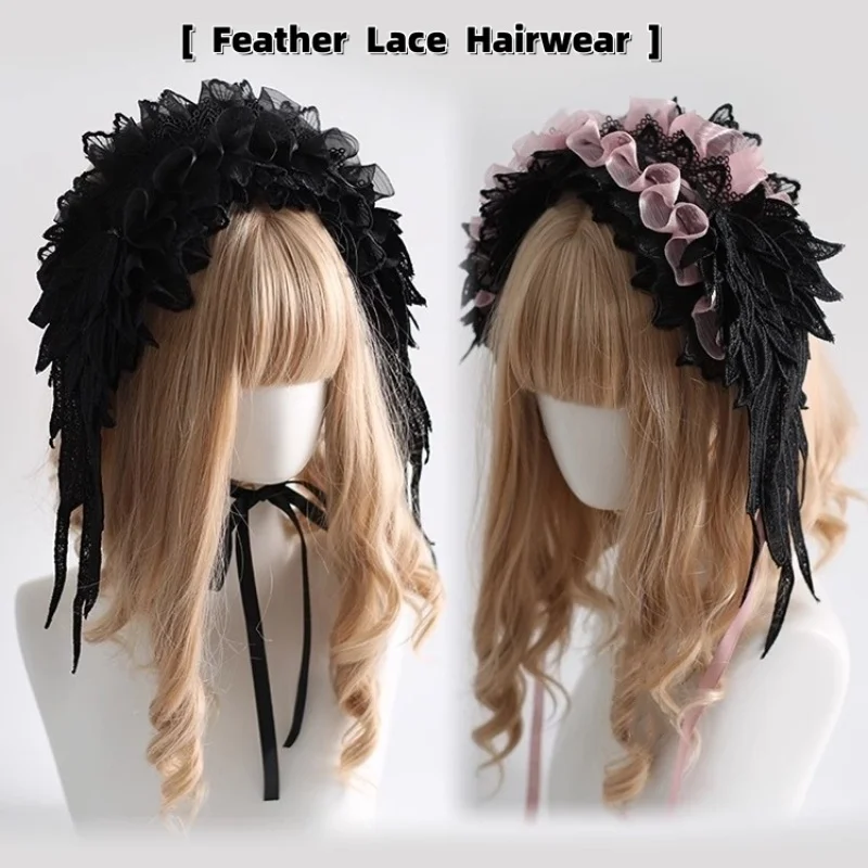 

New Original Handmade Halloween Wings Headband Dark Gothic Lolita Feather Headpice Lace Elegant Subculture Hair Accessories