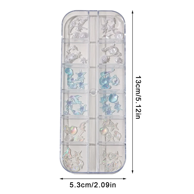 12Grid 60Pcs Ice-clear Seashell Starfish Ocean Series Nail Charms Resin Accessories Nail Art Decorations 3D Mixed Shell Manicure