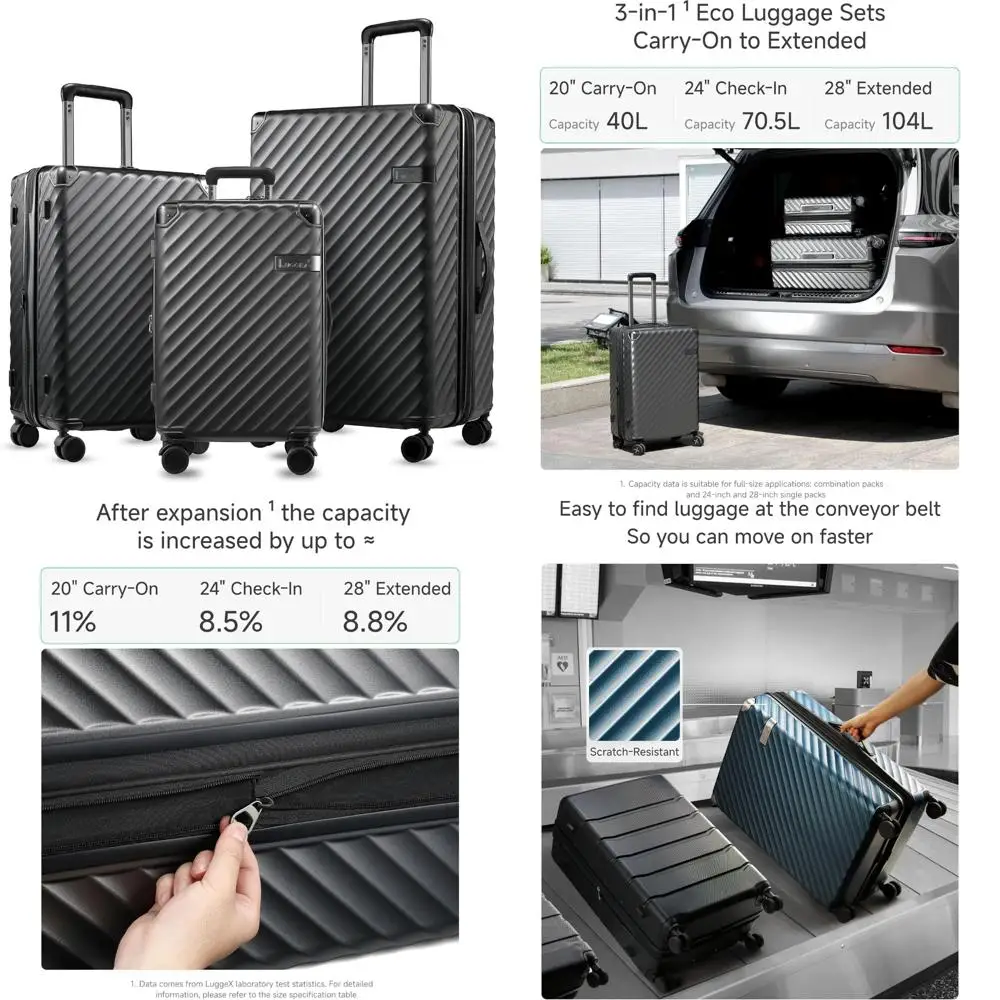 Conjunto de mala de casca dura expansível com rodas giratórias, bagagem de 3 peças, acessórios de viagem metálicos a carvão