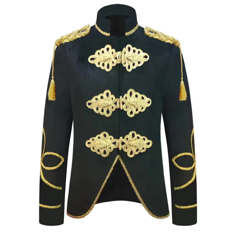 

Men's Fashion Velvet Jacket Golden Rope Epaulet Stand Collar Blazer Vintage European Style for Stage Performance Cosplay Coat