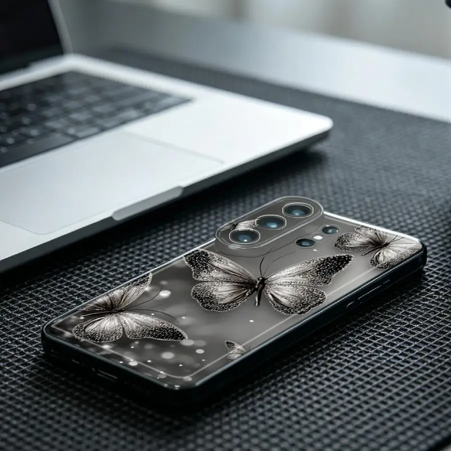 Phone Cover Case for Samsung Galaxy S26 S24 S20 Plus Note 20 Ultra 10 S21 S25 Edge S22 FE S23 Ultra Monochrome Silver Butterfly