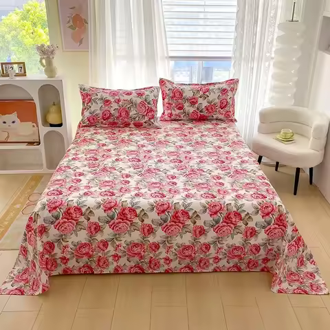 Red Flower Printed Flat Bed Sheets for Double Bed Single/Queen/King Reactive Printed Top Sheets... product image