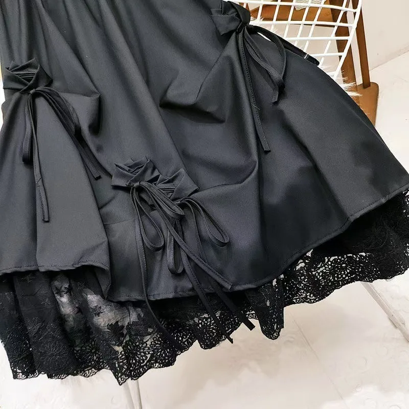 Women Gothic Lace Patchwork Midi Skirt Elastic High Waist Big Bow Drawstring Irregular A-line Skirt Dark Sweet Lolita Casual Lon
