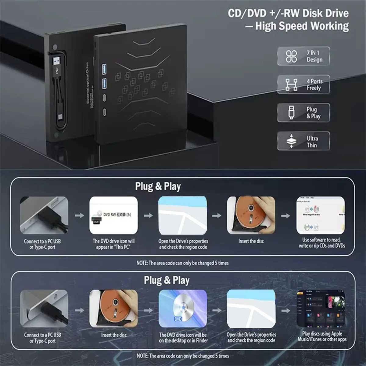 A46U 7-in-1 External CD/DVD Drive Player USB3.0 Portable External Disk Optical Drive CD Burner for PC Laptop