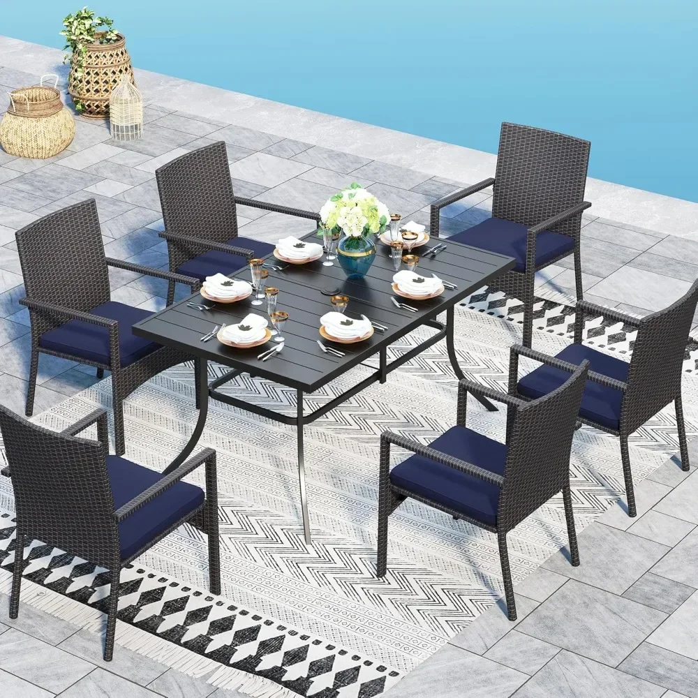 

7 Pieces Patio Dining Set, Metal Patio Table and Chairs Set for 6, Rectangular Outdoor Table , All Weather Outdoor Dining Sets