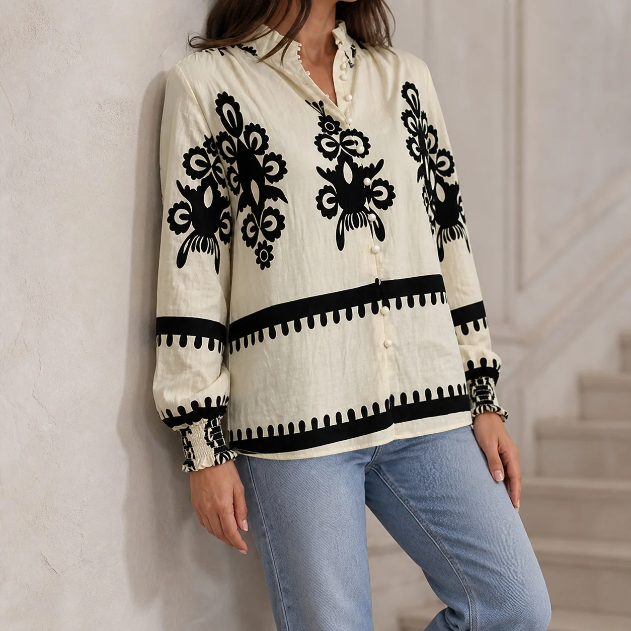 Women's Loose Fit Vintage Blouse for Women with Mandarin Collar Lantern Long Sleeve Ethnic Tribal Print Three Button Pullover