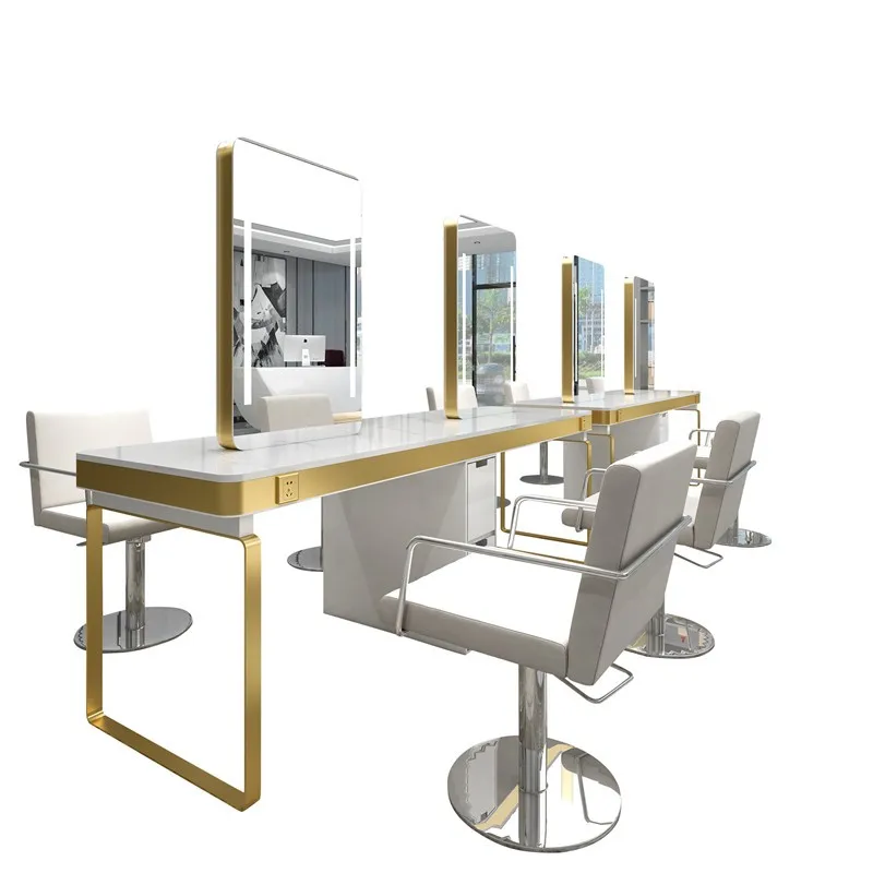 

Hair Shop Dyeing and Ironing Lamp Double-sided Mirror, Hair Salon Special Stainless Steel Marble Mirror