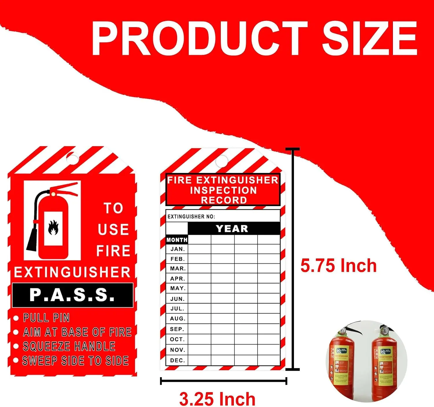 25 Pack Fire Extinguisher Inspection Tags 3.25 X 5.75 Inch with Adjustable Wire Ties Monthly Record Stickers for Safety Complian