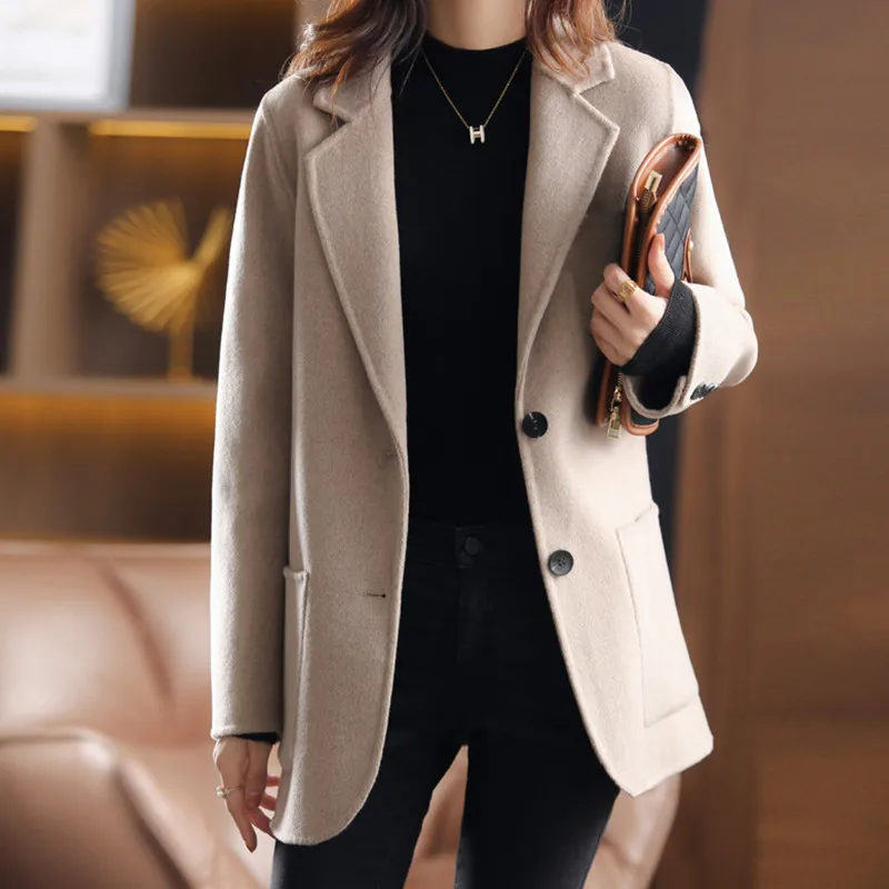 Wool Blends Coats for Women Winter Lined Suit Top Ladies Coat Clothes Loose Straight Single- Breasted Slim Blazer for Women