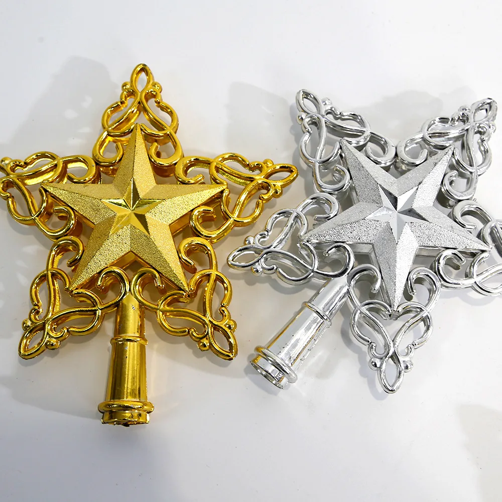 Cross-Border New Creative Christmas Decoration Tree Top Star 22cm Plastic Hollow Golden Christmas Tree Five-Pointed Star