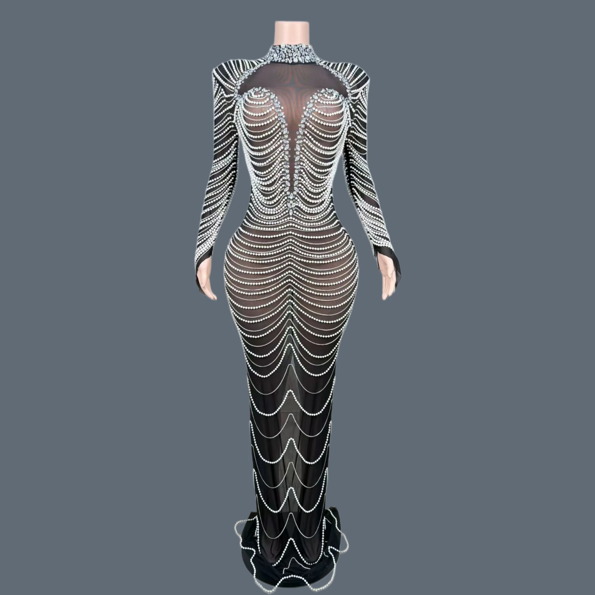 

Black Mesh White Pearl Mermaid Maxi Dress Padded Shoulder Long Sleeve See Through Bar Club Party Singer Evening Sexy Gown Xuanwo