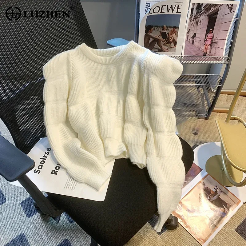 LUZHEN Korean Chic Sweet Round Neck Loose Versatile Solid Color Bubble Sleeve Knitted Pullover 2024 Autumn Winter Sweater AA2220