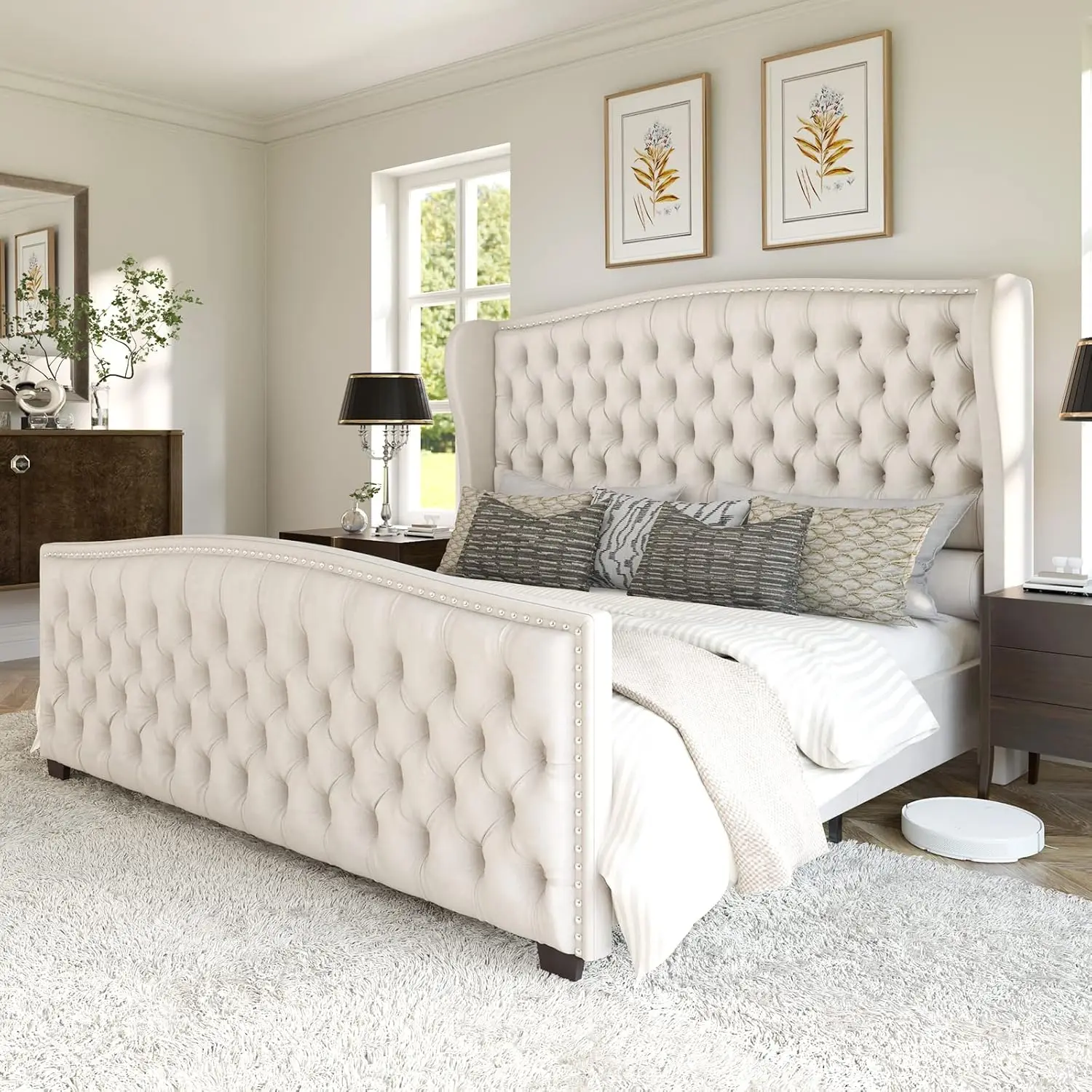 

Large platform bed frame, velvet cushioned bed, wing back headboard with deep button clusters and decorations/cream color