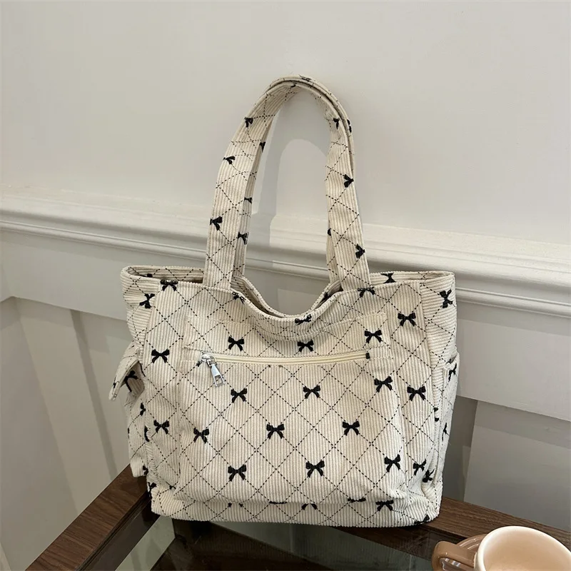 

Rhombus Bowknot Print Corduroy Women's Shoulder Bags Large Capacity Multiple Pockets Female Handbag Casual Ladies Tote Bag