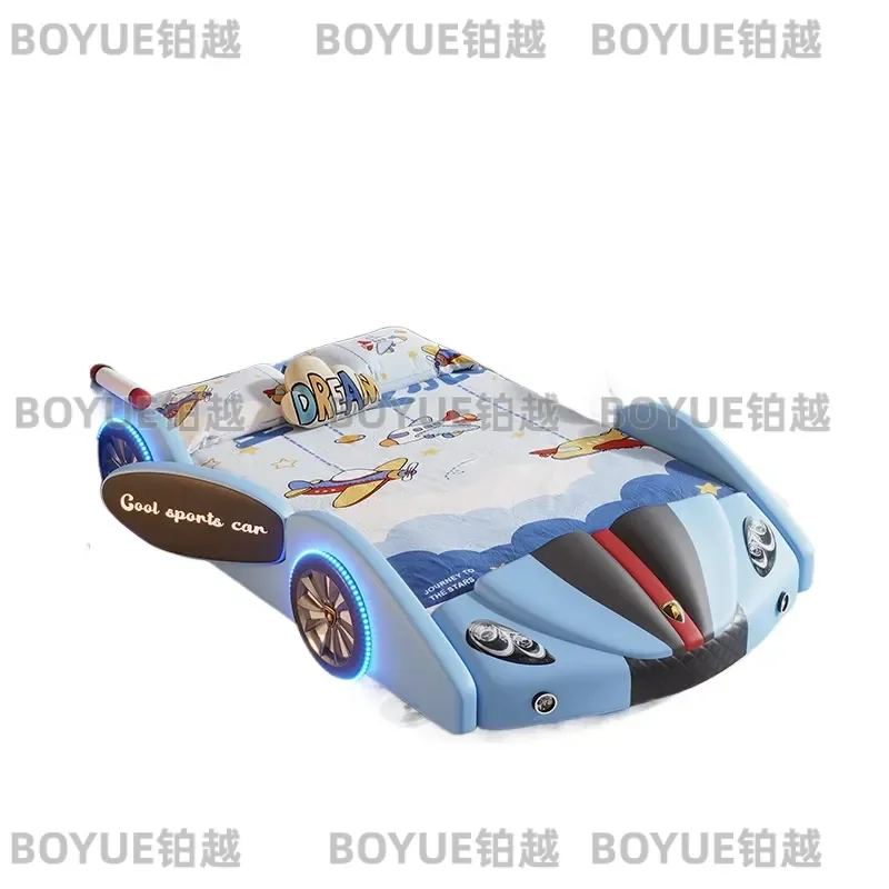 Kids Car Bed Solid Wood Single Frame with Guardrail Storage Leather Upholstered Racing Vehicle Design for Boys Bedroom