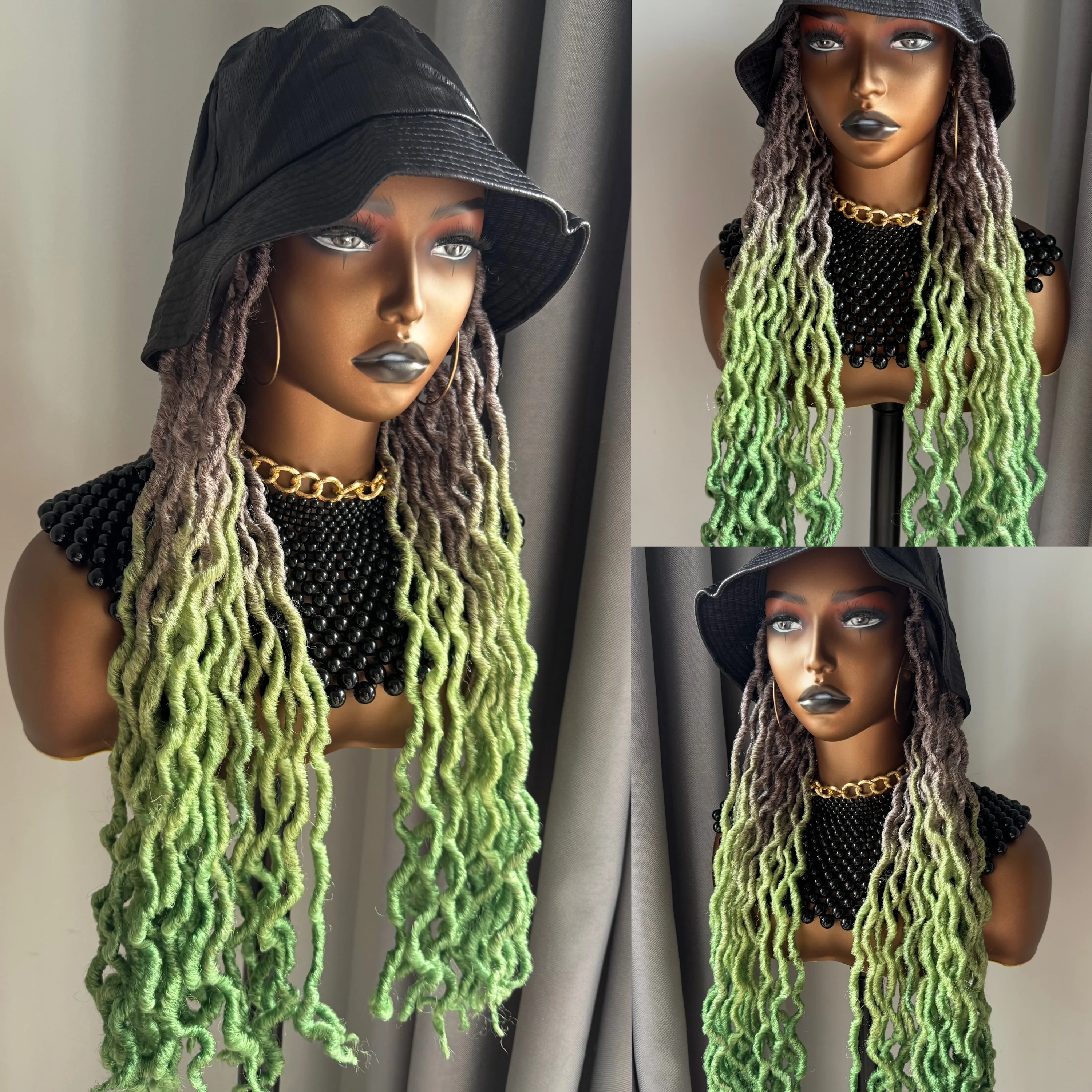 WIGERA Goddess Faux Locs Ombre With Bucket Hat Soft Gypsy Braids With Cap Dreadlocks 3 Tone Curly Wavy Twist Braiding Extensions