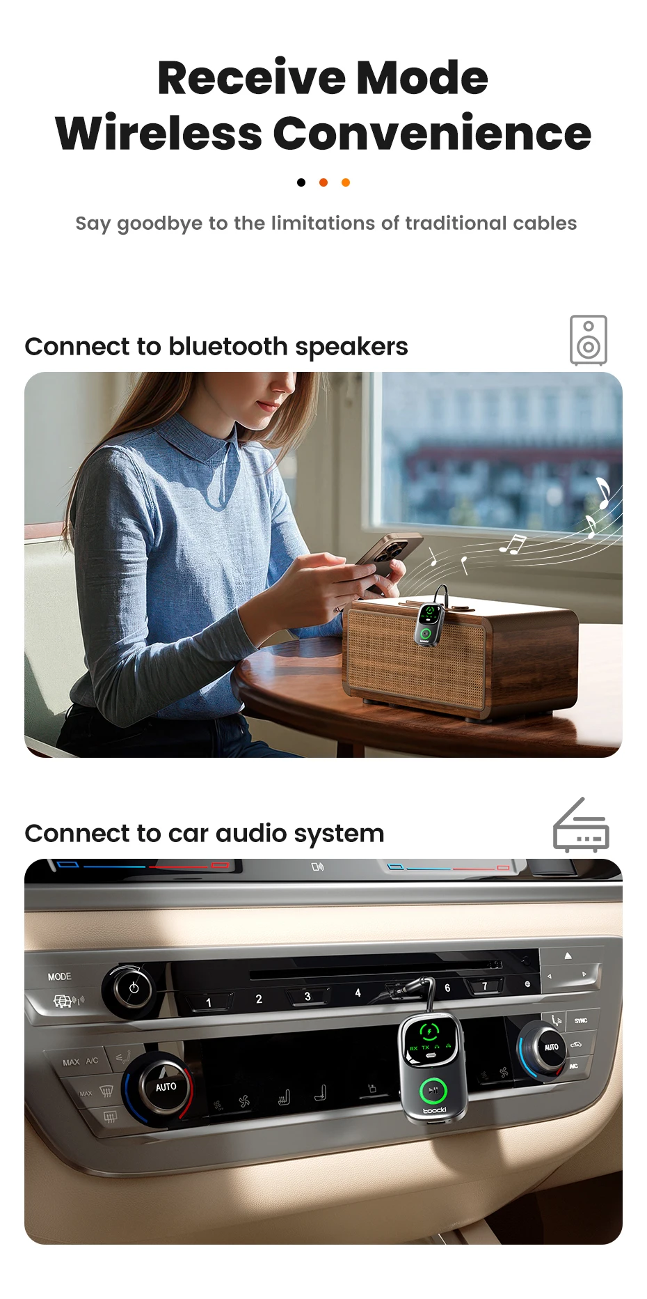 Toocki Bluetooth 5.4 Audio Receiver Sender 2-In-1 Display 3,5mm AUX Wireless Audio Adapter Für Auto Flugzeug Lautsprecher TV PC – Detail 5