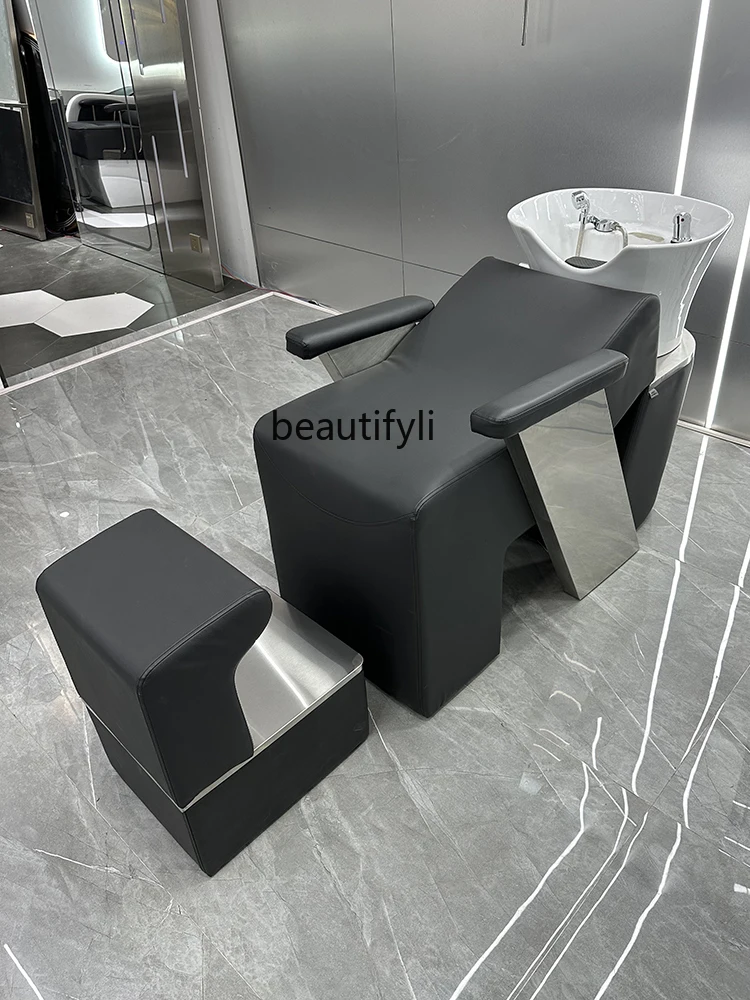 Hair Salon High-End Ceramic Basin Shampoo Chair Barber Shop for Hair Salon Stainless Steel Half Lying Hair Flushing Bed