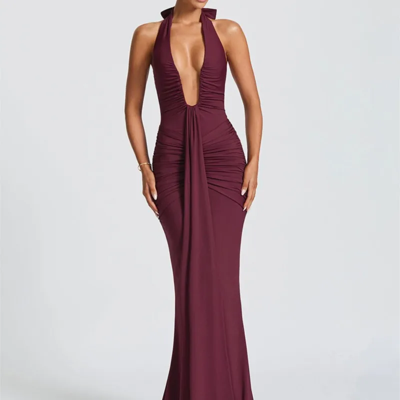 

Fashion Deep V-Neck Ruched Halter Long Dress For Women High Waist Backless Slim Pleated Solid Elegant Party Dress New Maxi Dress