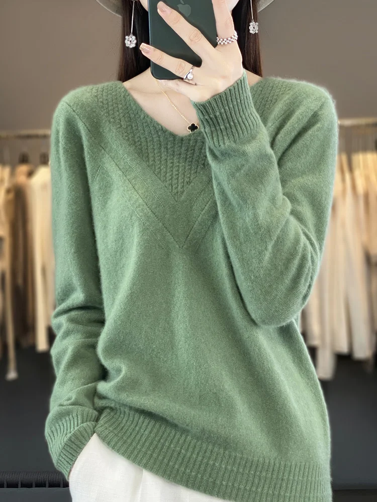 Spring Autumn Sweaters For Women V-neck Pullover 100% Merino Wool Knitwear Comfortable Long Sleeve Cashmere Korean Popular Tops