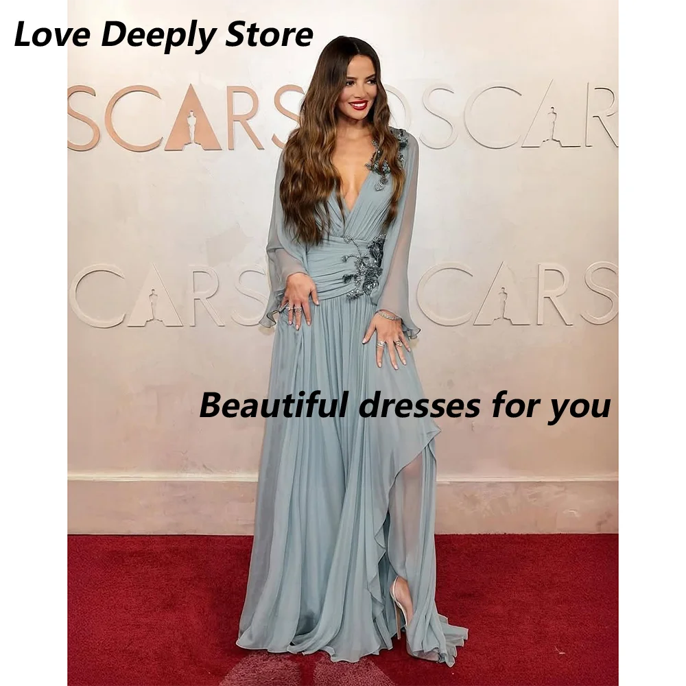 Seksowne Sukienki na Bal Maturalny dla Kobiet Dekolt V Długie Rękawy Aplikacje Koraliki Szyfonowa Linia A Długość do Podłogi Suknia Wieczorowa Szyta na Miarę