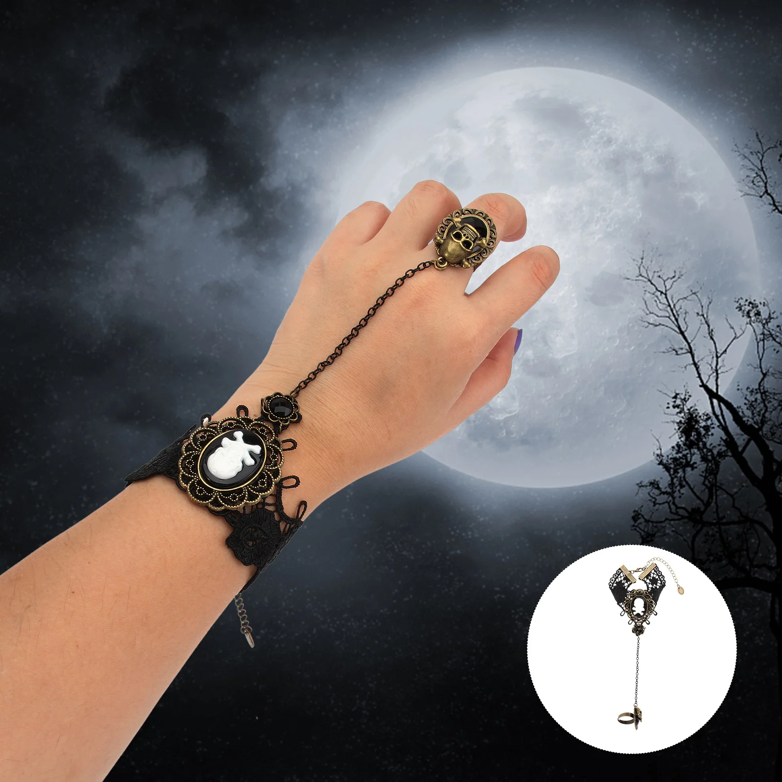 

Black Lace Womens Skull Bracelet Ring Halloween Anniversary Engagement Party Accessory Elegant Fashion