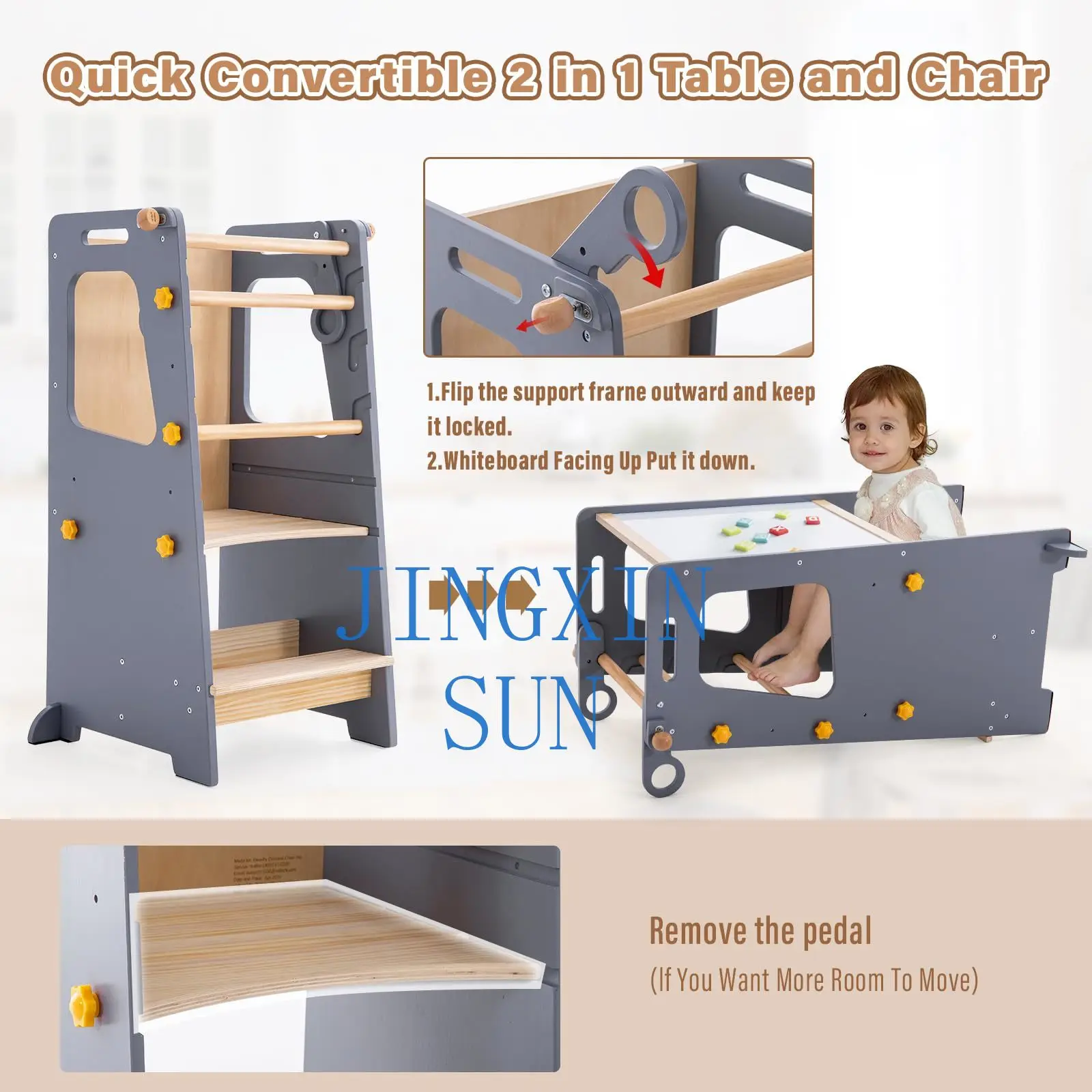 4 in 1 Toddler Kitchen Tower Montessori Toddler Wooden Learning Tower Custom Standing Tower with Convertible Table and Chair