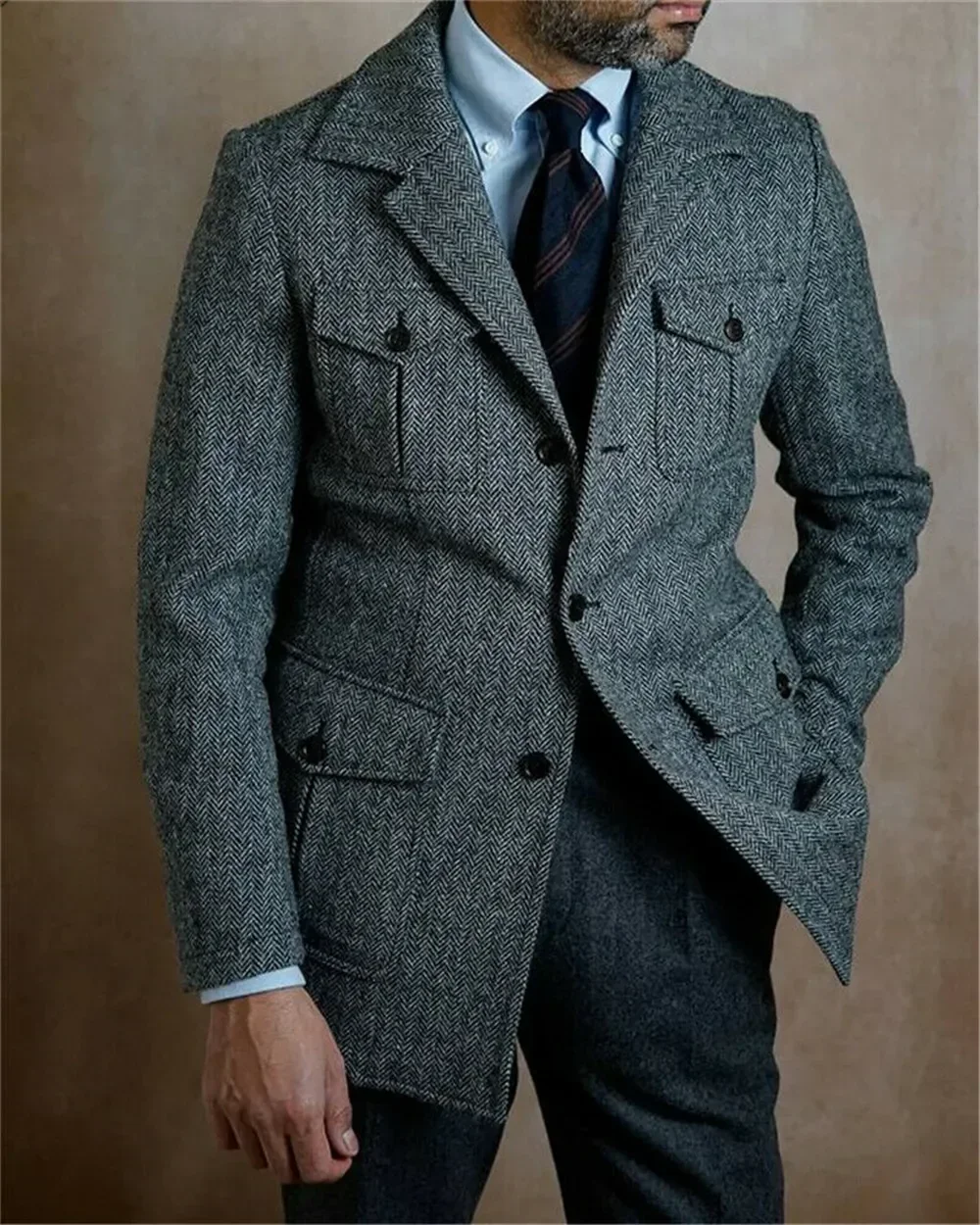 Blazer Vintage de estilo inglés para hombre, chaqueta ajustada con solapa de muesca de Tweed en espiga, trajes de boda para novio, chaqueta, abrigo