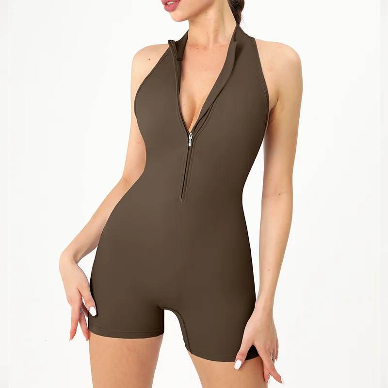 Summer high-intensity exercise beauty back yoga onesie zipper nude hip lift tight fitness clothes onesie