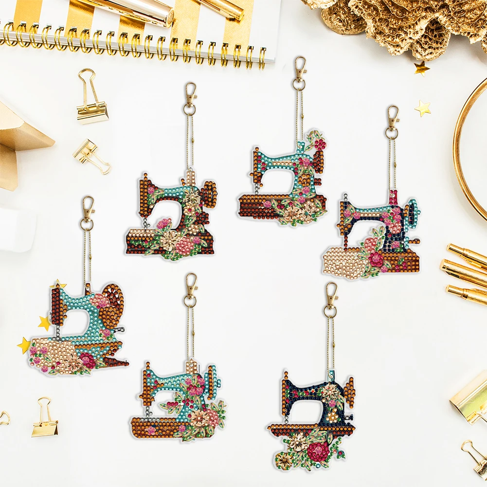

DIY Diamond Art Key Rings Double Sided 6pcs Keychain Supplies Sewing Machine Full Drill Diamonds Pendants for Adult Home Party