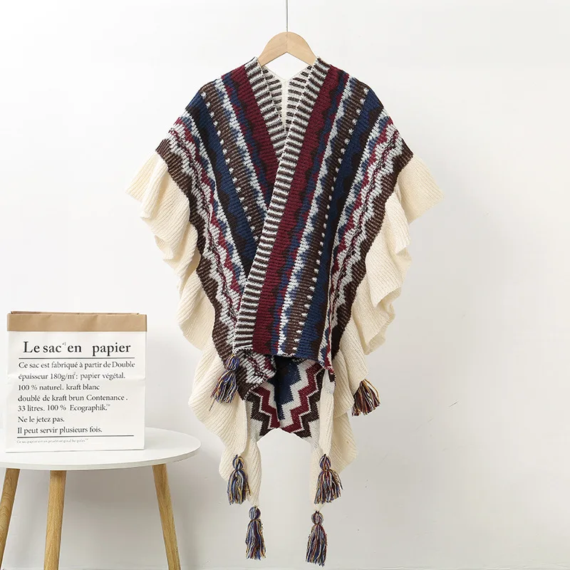 

Women Wint New Cashmere Blend Echarpes Pashmina Ethic Style Shawl Capes Vintage Bufanda Stringy Selvedge Tassel Poncho