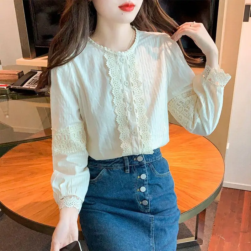 Temperament Refreshing Sweet Elegan O-Neck Blouses Spring Lace Solid Color Three Quarter Single Breasted Women's Clothing Tops