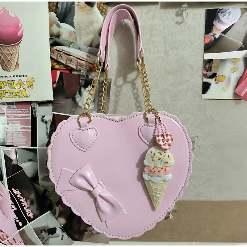 

Japanese Lolita Handbag Bow-knot Cookie Heart-shaped Shoulder Bag Highquality Pu Zipper Wallet Brand Design Simple Crossbody Bag