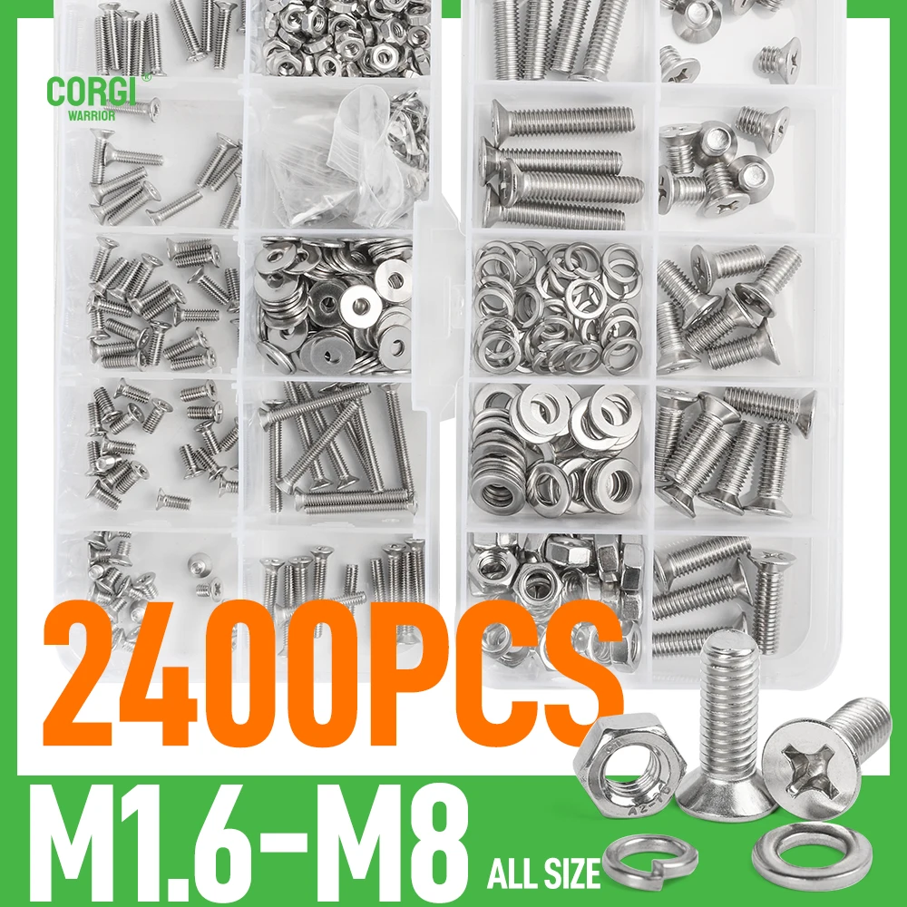 Up to 2400 Phillips Flat Head Machine Screws Assortment Kit M1.6 M2 M2.5 M3 M4 M5 M6 M8 KM Countersunk Stainless Steel Screw Set