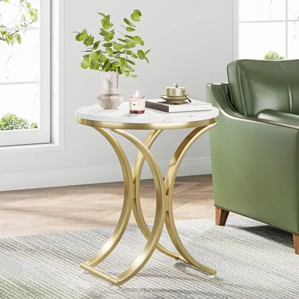 Contemporary Round Marble Side Table Gold Metal C Legs Bedside Coffee Table White 19.7”