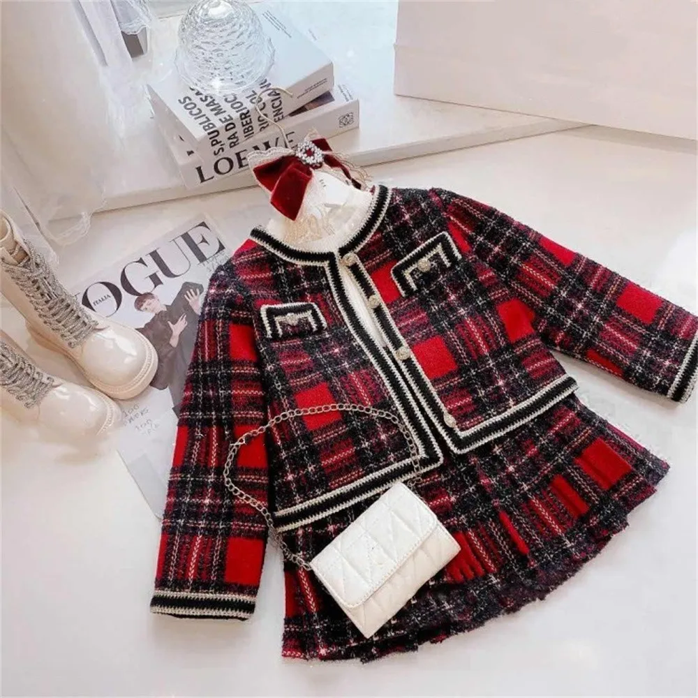 

Fashion Kids Girls Clothes Set Spring Autumn Children 2pcs Princess Blazer Coat Outwear+Skirts Vintage Outfits Suit