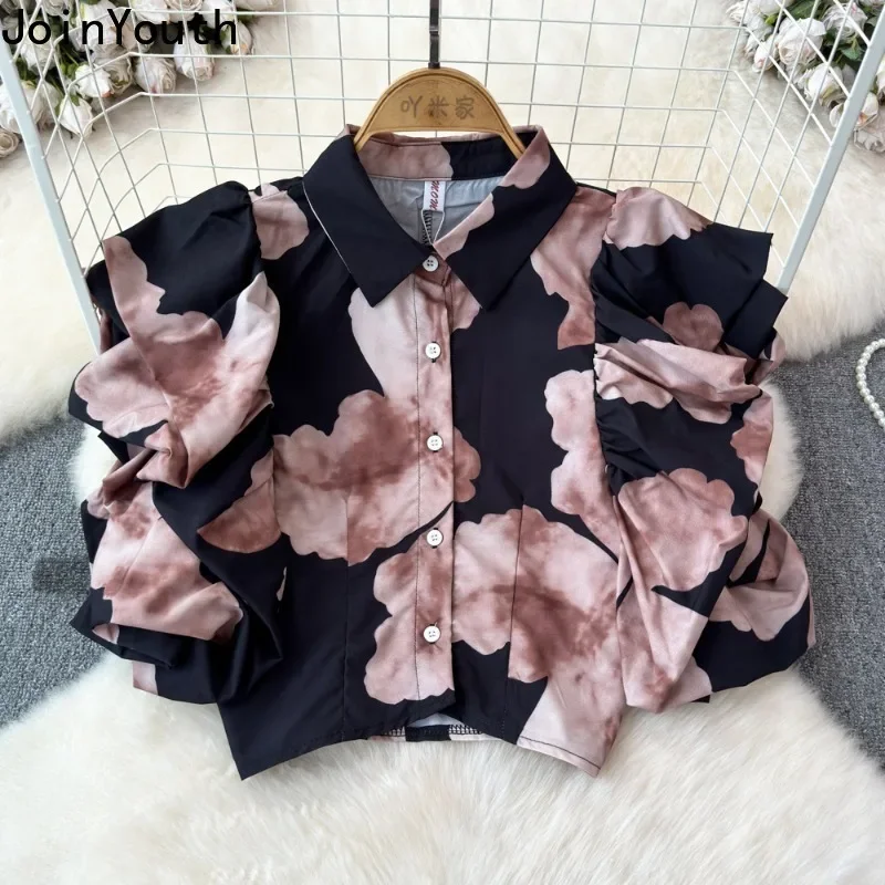 Crop Tops Blouses for Women Puff Sleeve Slim Fit Floral Shirts 2024 Blusas Mujer De Moda Tie-dye Vintage Summer Sweet Blouse