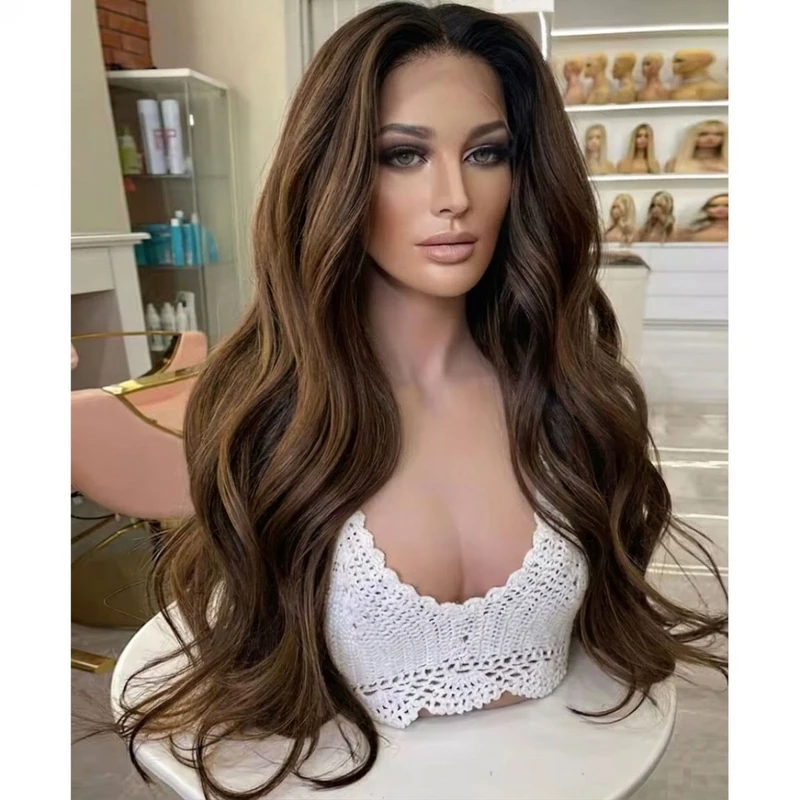 Heat Resistant Hair Ombre Brown Long Wavy Layered Frontal Lace Wigs