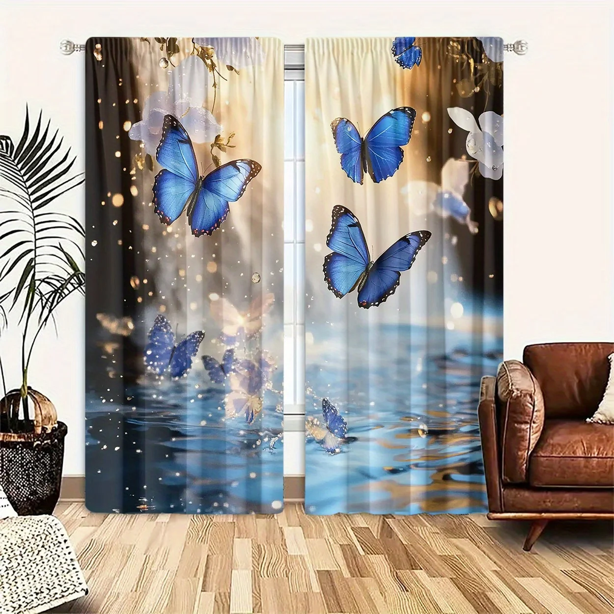 Romantic Blue Butterfly Water Surface Window Curtains 2 Panels, Sparkle Bokeh Flower Mist Dreamy Soft Tone Home Decor Curtain