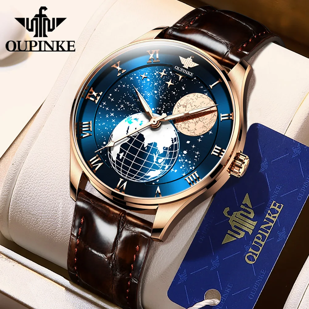 OUPINKE marque montre pour hommes entièrement automatique mécanique bracelet de peau affaires 3177